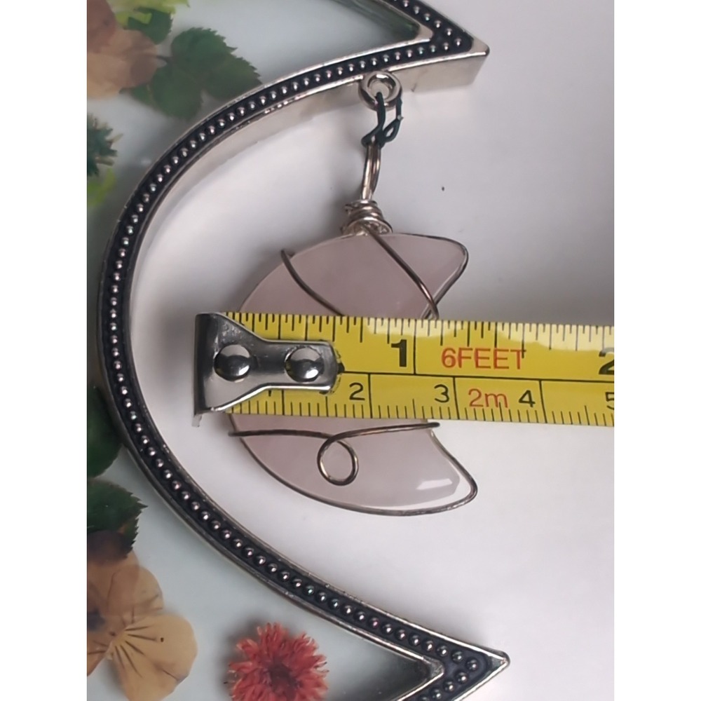 Vintage Dried Pressed Flowers Glass Metal half Moon Frame Hanging W/Rose Quartz - Picture 11 of 13